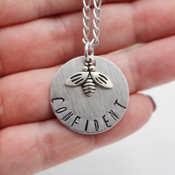 Bee Confident Hand Stamped Pendant Necklace - Handmade - 18" Chain - Picture 5 of 6